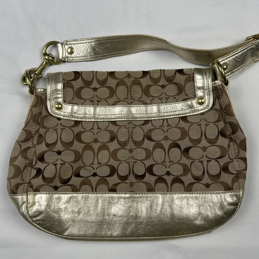 VTG Coach Signature F12857 Beige Gold Big Turn Lock Shoulder Bag Gold Hardware